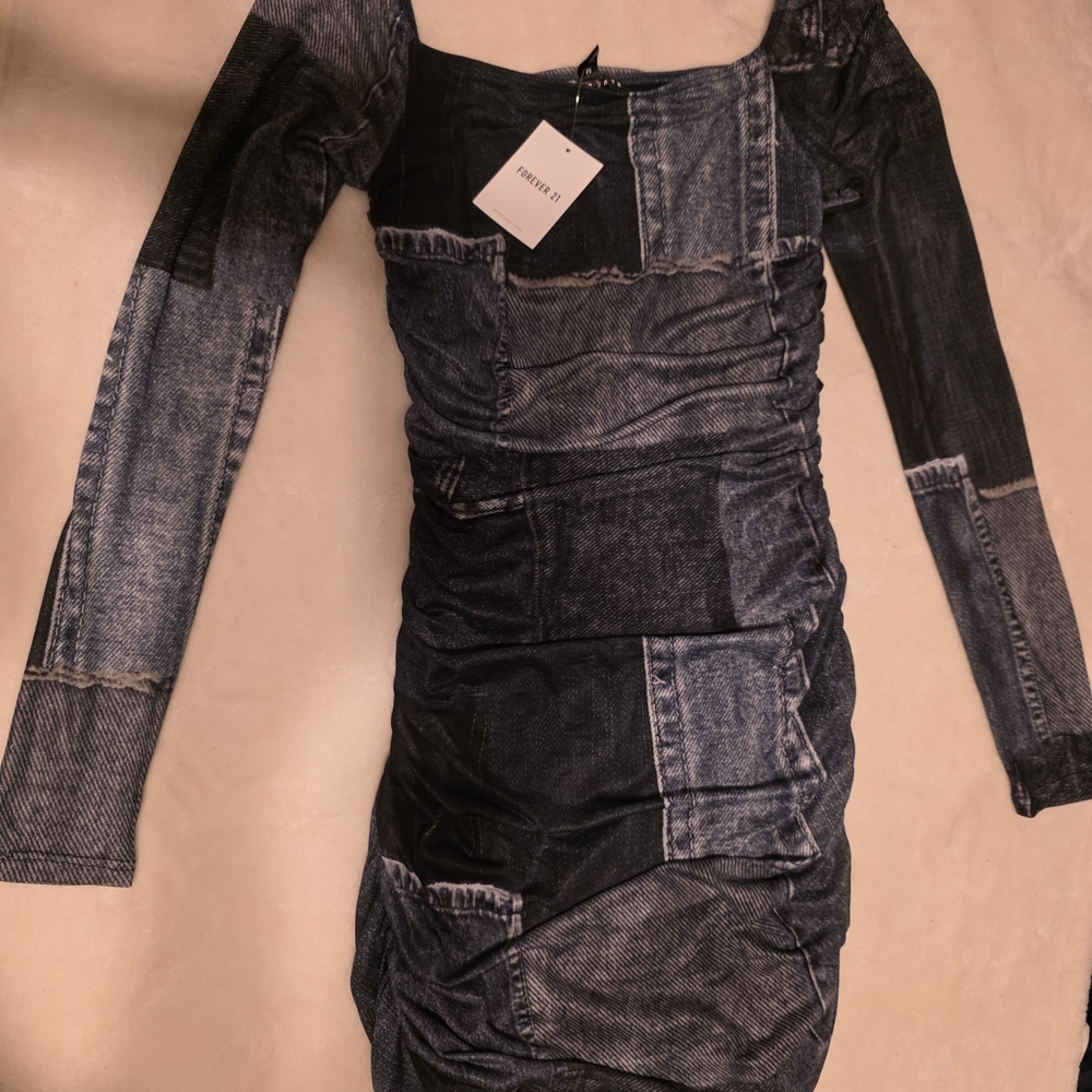Denim Blue Patchwork Long Sleeve Dress